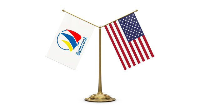 Benbrook 3D rendered flag. Side by side with the flag of the United States of America. Tiny golden office flagpole isolated on white background.