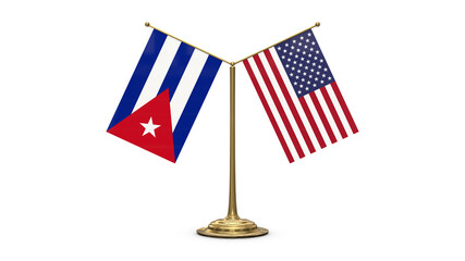 Cuba 3D rendered flag. Side by side with the flag of the United States of America. Tiny golden office flagpole isolated on white background.