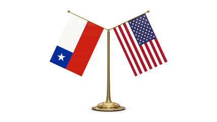 Chile 3D rendered flag. Side by side with the flag of the United States of America. Tiny golden office flagpole isolated on white background.