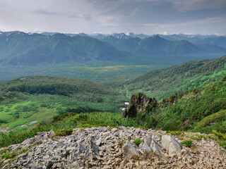 Kamchatka Mountains. Mountains covered with grass. The volcanic ring.