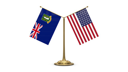 Fototapeta premium British Virgin Islands 3D rendered flag. Side by side with the flag of the United States of America. Tiny golden office flagpole isolated on white background.
