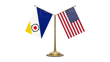 Bonaire 3D rendered flag. Side by side with the flag of the United States of America. Tiny golden office flagpole isolated on white background.