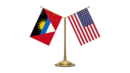 Antigua And Barbuda 3D rendered flag. Side by side with the flag of the United States of America. Tiny golden office flagpole isolated on white background.