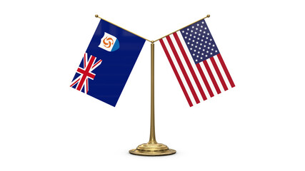 Anguilla 3D rendered flag. Side by side with the flag of the United States of America. Tiny golden office flagpole isolated on white background.