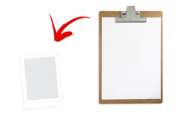 Clipboard with a white sheet and a ebook. Planning, motivation. Business, plans, goals.