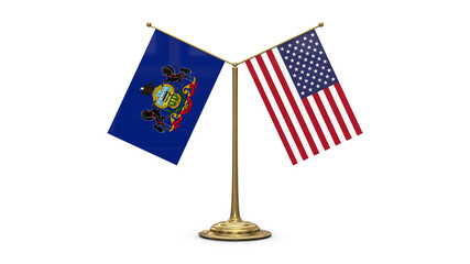 Pennsylvania 3D rendered flag. Side by side with the flag of the United States of America. Tiny golden office flagpole isolated on white background.