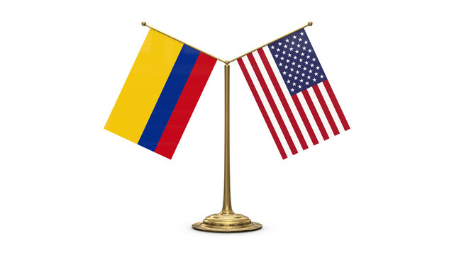 Colombia 3D rendered flag. Side by side with the flag of the United States of America. Tiny golden office flagpole isolated on white background.