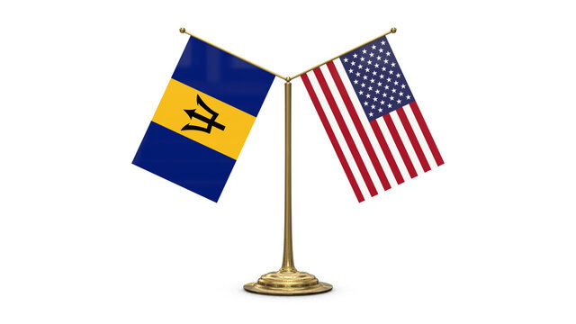 Barbados 3D rendered flag. Side by side with the flag of the United States of America. Tiny golden office flagpole isolated on white background.