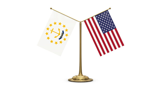 Rhode Island 3D rendered flag. Side by side with the flag of the United States of America. Tiny golden office flagpole isolated on white background.