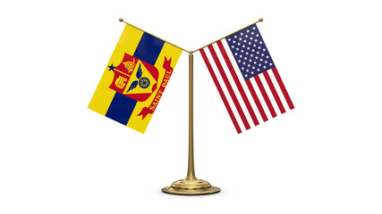 St. Paul Minnesota 3D rendered flag. Side by side with the flag of the United States of America. Tiny golden office flagpole isolated on white background.