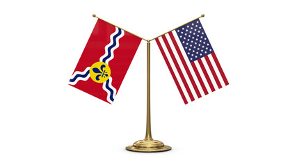 St. Louis Missouri 3D rendered flag. Side by side with the flag of the United States of America. Tiny golden office flagpole isolated on white background.