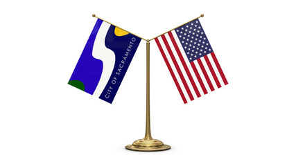 Sacramento 3D rendered flag. Side by side with the flag of the United States of America. Tiny golden office flagpole isolated on white background.