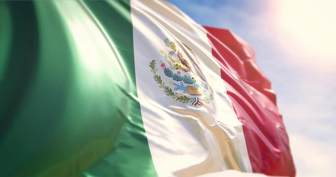 Cinematic Mexican flag 20 second loop with lens flare over soft sky