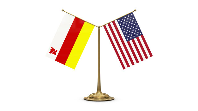 Santa Barbara California 3D rendered flag. Side by side with the flag of the United States of America. Tiny golden office flagpole isolated on white background.