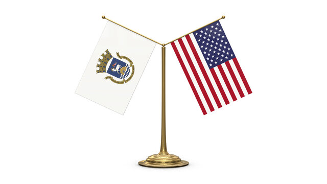 San Juan_US 3D rendered flag. Side by side with the flag of the United States of America. Tiny golden office flagpole isolated on white background.