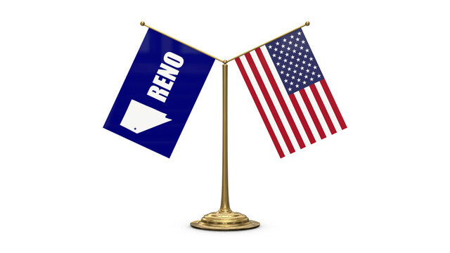 Reno 3D rendered flag. Side by side with the flag of the United States of America. Tiny golden office flagpole isolated on white background.