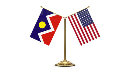 Denver Colorado 3D rendered flag. Side by side with the flag of the United States of America. Tiny golden office flagpole isolated on white background.