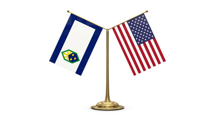 Colorado Springs Colorado 3D rendered flag. Side by side with the flag of the United States of America. Tiny golden office flagpole isolated on white background.