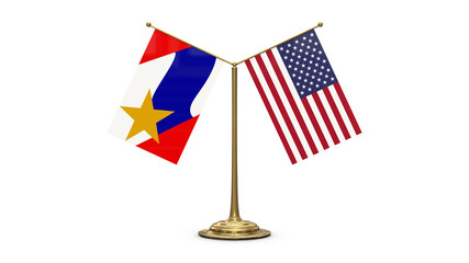 City Of Lafayette 3D rendered flag. Side by side with the flag of the United States of America. Tiny golden office flagpole isolated on white background.