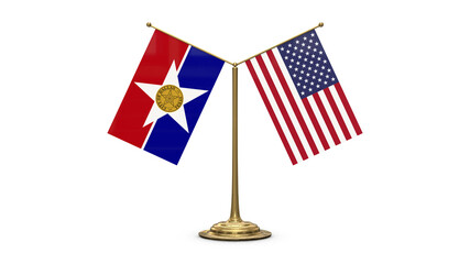 City Of Dallas 3D rendered flag. Side by side with the flag of the United States of America. Tiny golden office flagpole isolated on white background.