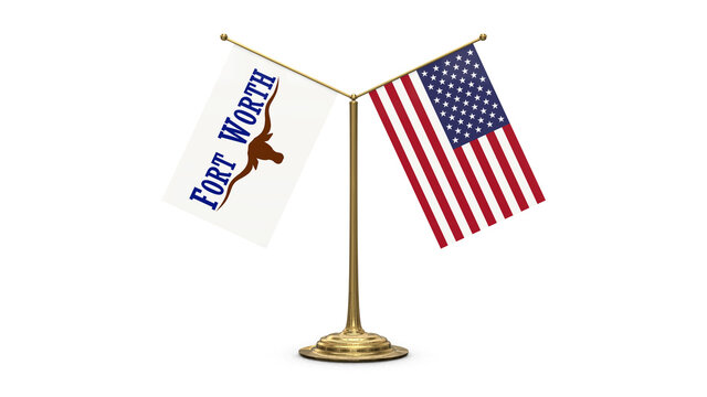 Fort Worth Texas 3D rendered flag. Side by side with the flag of the United States of America. Tiny golden office flagpole isolated on white background.