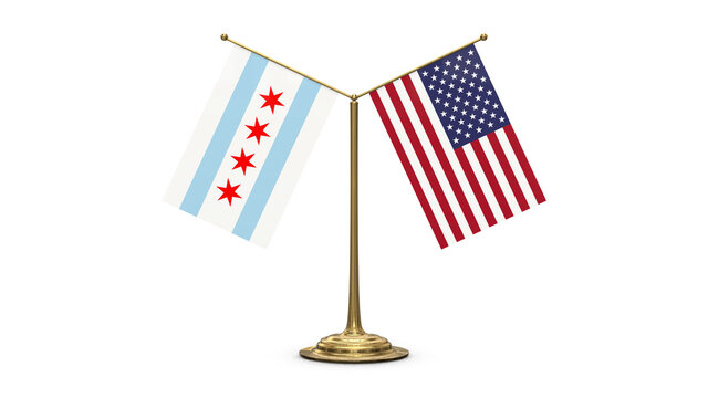 Chicago 3D rendered flag. Side by side with the flag of the United States of America. Tiny golden office flagpole isolated on white background.