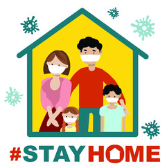 A family with children is sitting in quarantine at home. Corona virus. Stay at home. Vector