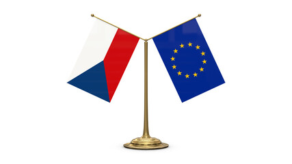 Czech Republic 3D rendered flag. Side by side with the flag of the European Union. Tiny golden office flagpole isolated on white background.
