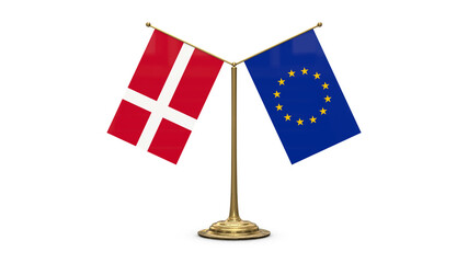 Denmark 3D rendered flag. Side by side with the flag of the European Union. Tiny golden office flagpole isolated on white background.
