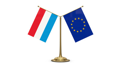 Luxembourg 3D rendered flag. Side by side with the flag of the European Union. Tiny golden office flagpole isolated on white background.