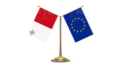 Malta 3D rendered flag. Side by side with the flag of the European Union. Tiny golden office flagpole isolated on white background.