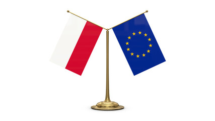 Poland 3D rendered flag. Side by side with the flag of the European Union. Tiny golden office flagpole isolated on white background.