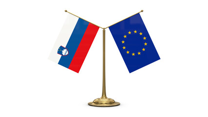 Slovenia 3D rendered flag. Side by side with the flag of the European Union. Tiny golden office flagpole isolated on white background.