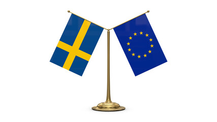 Sweden 3D rendered flag. Side by side with the flag of the European Union. Tiny golden office flagpole isolated on white background.