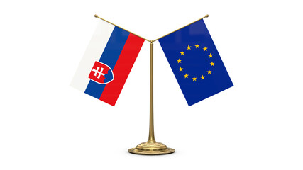 Slovakia 3D rendered flag. Side by side with the flag of the European Union. Tiny golden office flagpole isolated on white background.