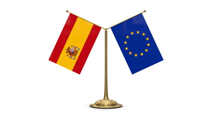 Spain 3D rendered flag. Side by side with the flag of the European Union. Tiny golden office flagpole isolated on white background.