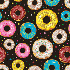 Sweet donut pattern. Multicolored donuts on a dark brown background. With colored confectionery sprinkles in the form of stars. The pattern is suitable for decorating a living room, printing on fabric