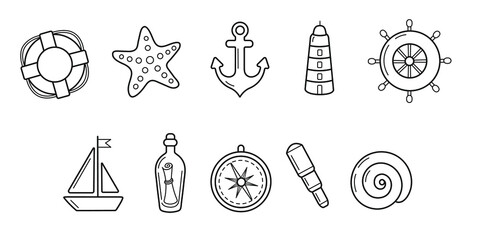 a set of vector linear icons on the theme of sea and navigation,  a lifebuoy, a starfish, a steering wheel, an anchor, a lighthouse, a boat, a telescope, a message in a bottle, a compass, a shell