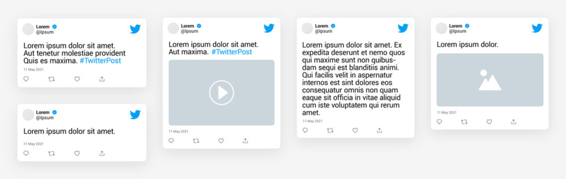 Twitter tweet templates collection. Isolated twitter posts on white background. Tweets frames with editable text, profil picture. Ui elements, vector design illustration.	