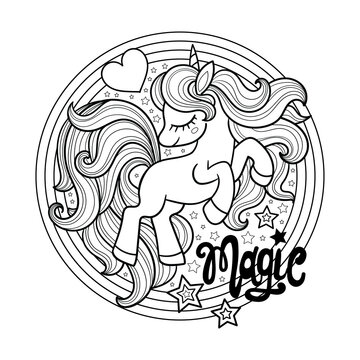 Funny little unicorn. Black and white linear drawing. Vector