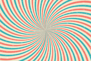 Vintage circus vector background. Sunbeams retro grunge poster. Comic red and green radial burst backdrop. Old striped illustration