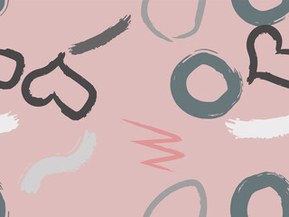 Cute seamless pattern with brush-drawn circles, hearts, strokes.