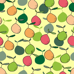 pear seamless vector pattern. Colored pears with silhouettes and shadows with leaves and dots on a colored background
