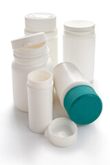 Pharmaceutical bottles on the white background. Primary Packaging. Medical plastic containers