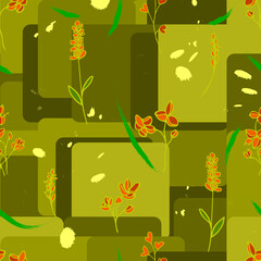 seamless vector pattern flowers, twigs, herbs, leaves, brush strokes, cubes and dots. Rounded corners gray cubes, herbs, and textured brush strokes