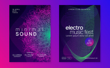 Neon sound flyer. Electro dance music. Electronic fest event. Club dj poster. Techno trance party.
