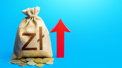 Polish zloty money bag with red arrow up. Recover financial system after crisis. Raising taxes....