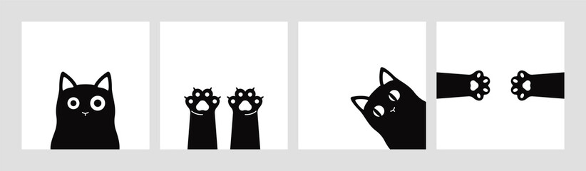 Monochrome cat silhouette banners. Set of black kitties with big eyes and two paws. Cute animal cartoon vector art © Studio Cantath