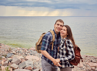 Fototapeta premium adventure, travel, tourism, hike and people concept