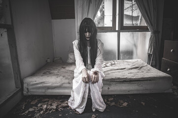 Portrait of asian woman make up ghost,Scary horror scene for background,Halloween festival...